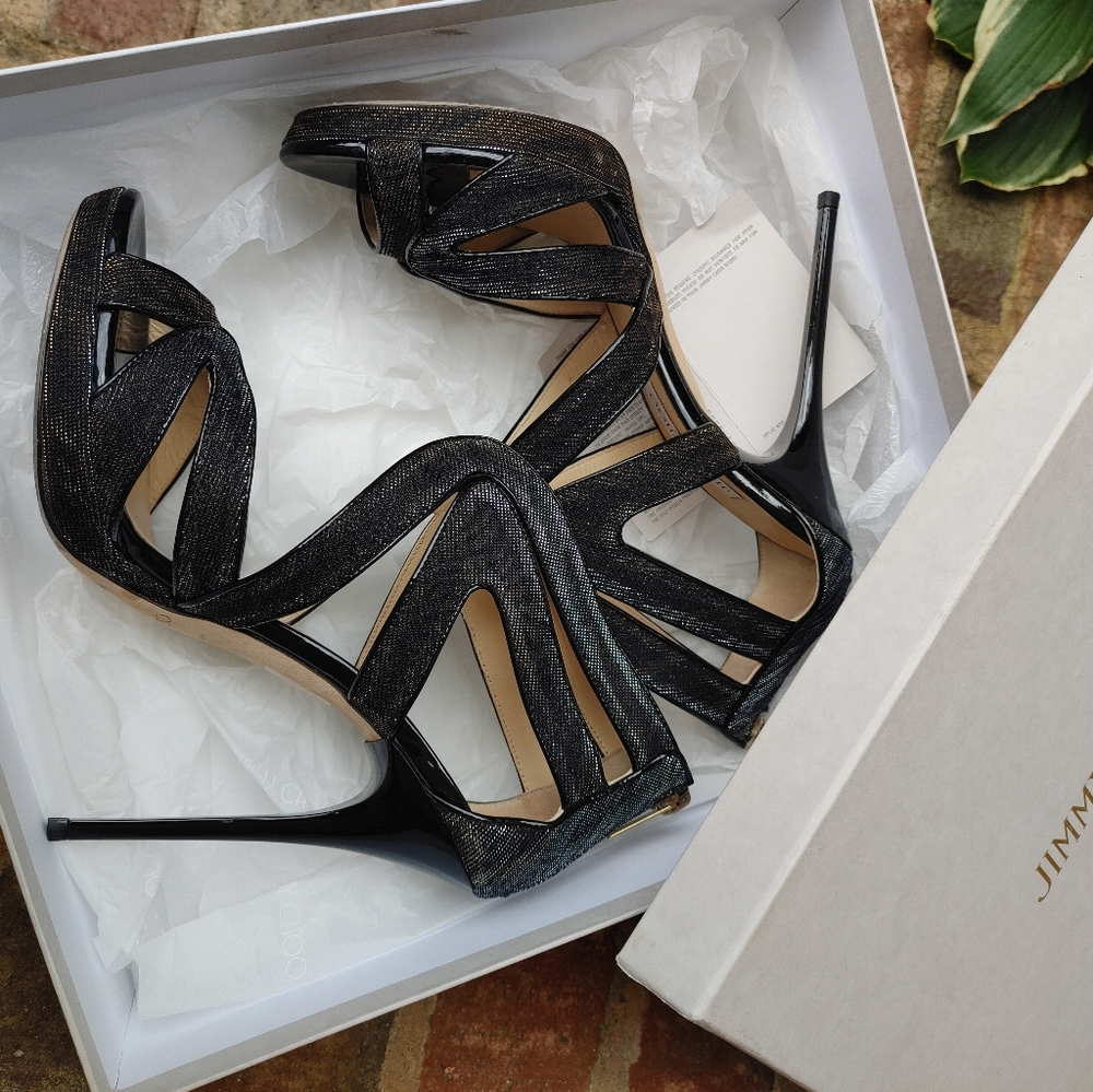 JIMMY CHOO 142 "COLLAR" ZEBRA LAME GLITTER SANDAL, BLACK/AMBER 39 - Picture 2 of 16